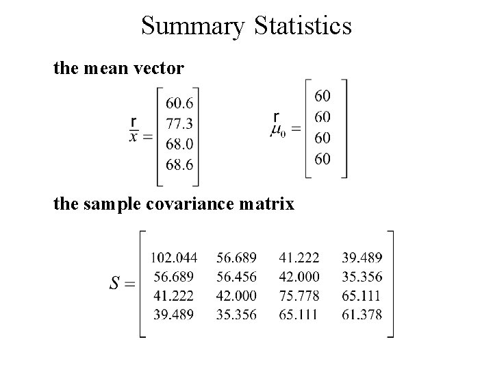 Summary Statistics the mean vector the sample covariance matrix 
