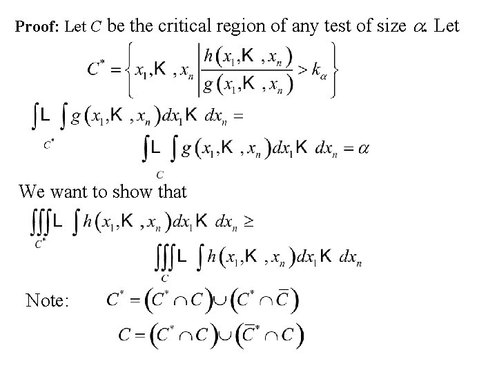 Proof: Let C be the critical region of any test of size We want