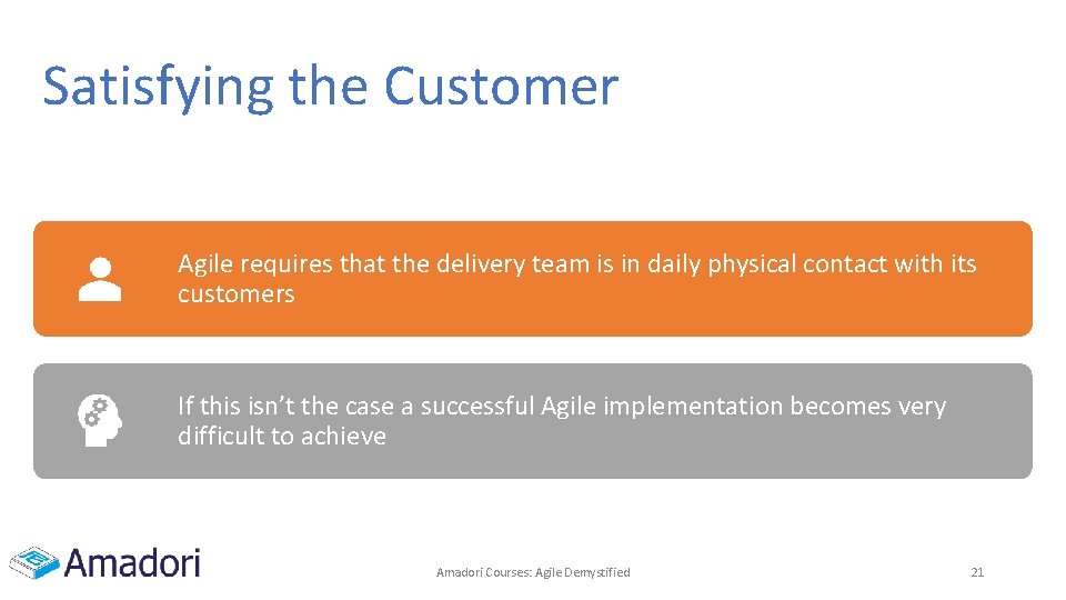 Satisfying the Customer Agile requires that the delivery team is in daily physical contact Satisfying the Customer Agile requires that the delivery team is in daily physical contact