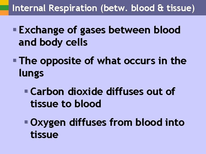 Internal Respiration (betw. blood & tissue) § Exchange of gases between blood and body