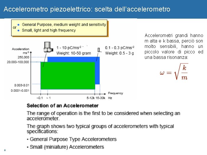 Accelerometro piezoelettrico: scelta dell’accelerometro Accelerometri grandi hanno m alta e k bassa, perciò son