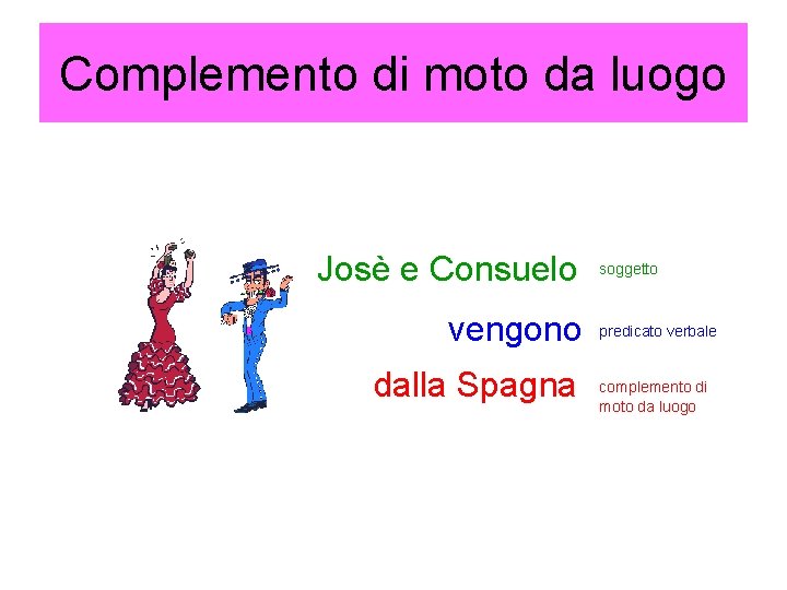 Complemento di moto da luogo Josè e Consuelo vengono dalla Spagna soggetto predicato verbale