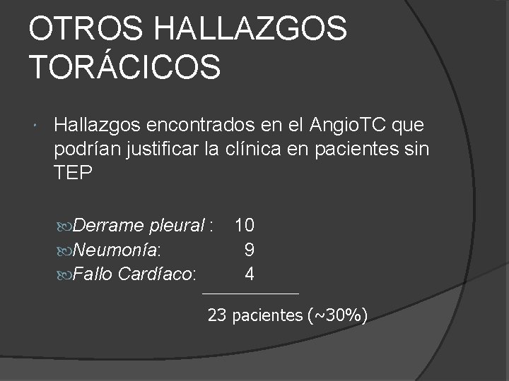 OTROS HALLAZGOS TORÁCICOS Hallazgos encontrados en el Angio. TC que podrían justificar la clínica OTROS HALLAZGOS TORÁCICOS Hallazgos encontrados en el Angio. TC que podrían justificar la clínica