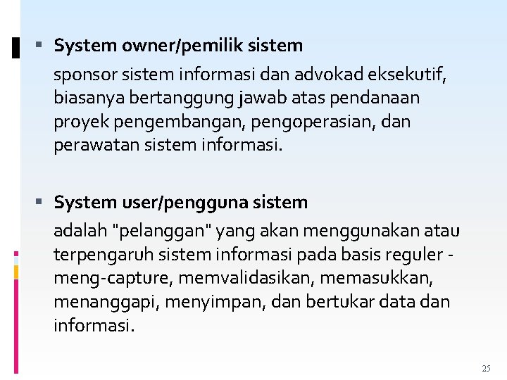  System owner/pemilik sistem sponsor sistem informasi dan advokad eksekutif, biasanya bertanggung jawab atas