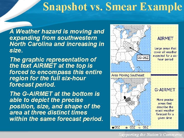 Snapshot vs. Smear Example A Weather hazard is moving and expanding from southwestern North