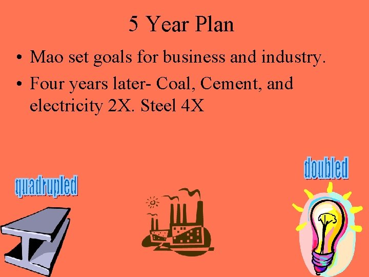 5 Year Plan • Mao set goals for business and industry. • Four years