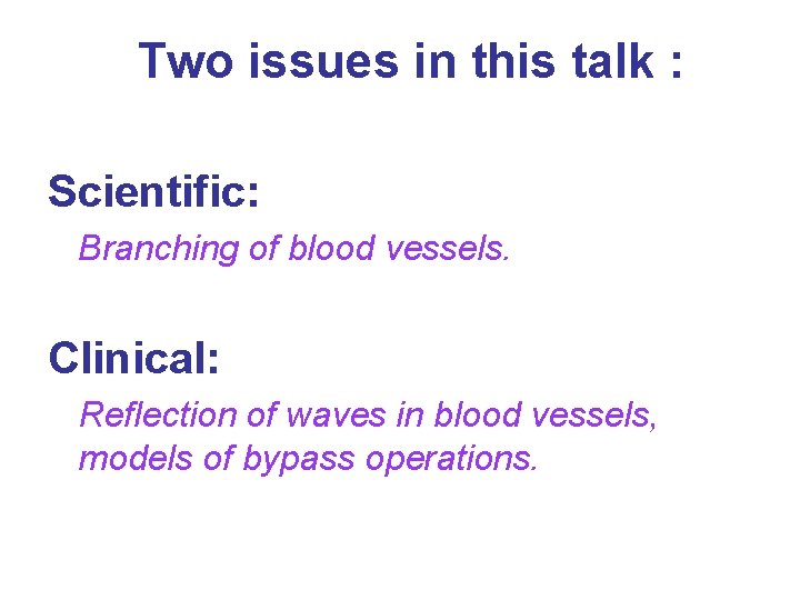 Two issues in this talk : Scientific: Branching of blood vessels. Clinical: Reflection of