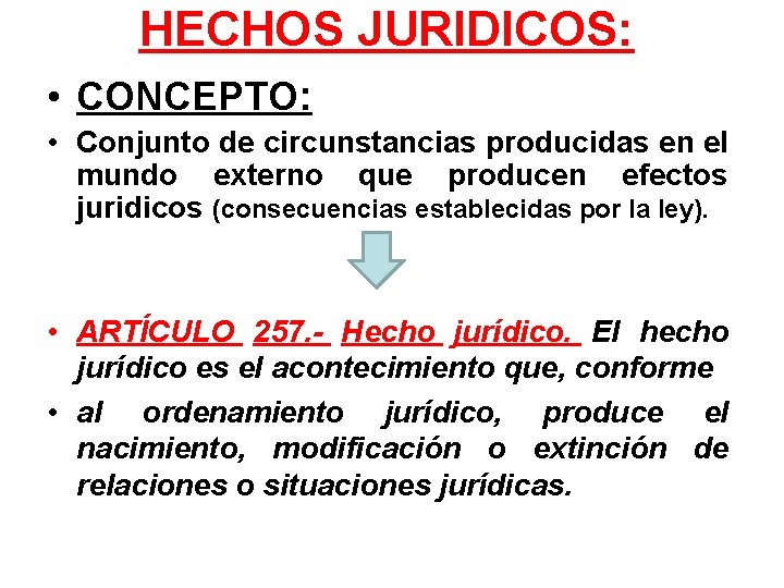 HECHOS JURIDICOS: • CONCEPTO: • Conjunto de circunstancias producidas en el mundo externo que