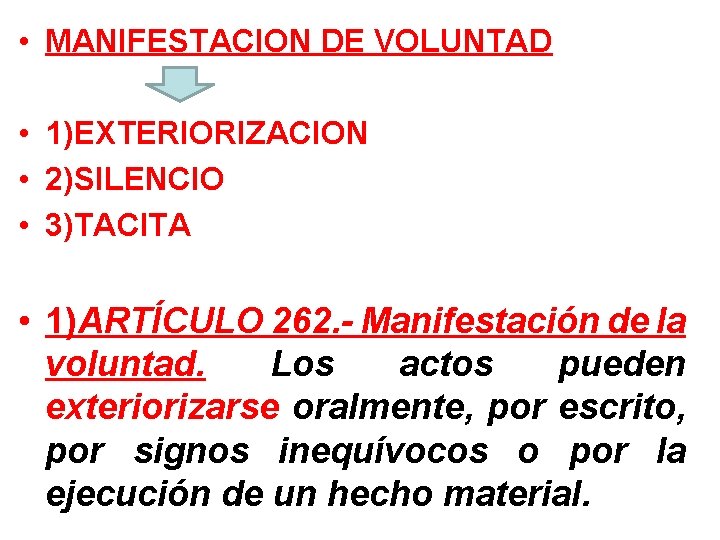  • MANIFESTACION DE VOLUNTAD • 1)EXTERIORIZACION • 2)SILENCIO • 3)TACITA • 1)ARTÍCULO 262.