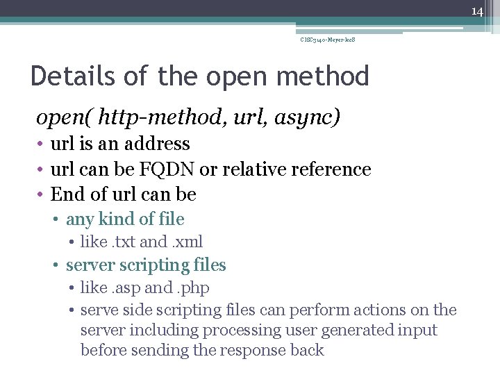 14 CISC 3140 -Meyer-lec 8 Details of the open method open( http-method, url, async)