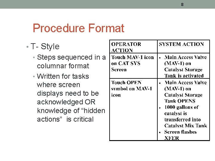 8 Procedure Format • T- Style • Steps sequenced in a columnar format •
