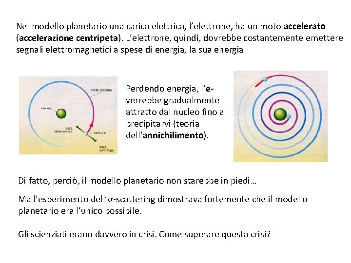 Nel modello planetario una carica elettrica, l’elettrone, ha un moto accelerato (accelerazione centripeta). L’elettrone,
