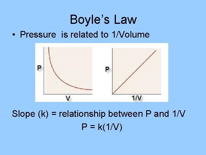Boyle’s Law • Pressure is related to 1/Volume Slope (k) = relationship between P