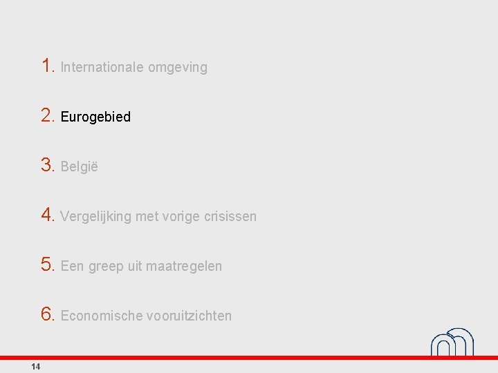 1. Internationale omgeving 2. Eurogebied 3. België 4. Vergelijking met vorige crisissen 5. Een