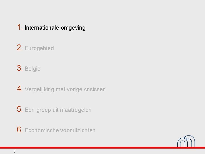 1. Internationale omgeving 2. Eurogebied 3. België 4. Vergelijking met vorige crisissen 5. Een