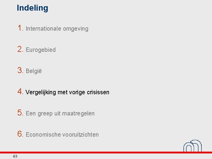 Indeling 1. Internationale omgeving 2. Eurogebied 3. België 4. Vergelijking met vorige crisissen 5.