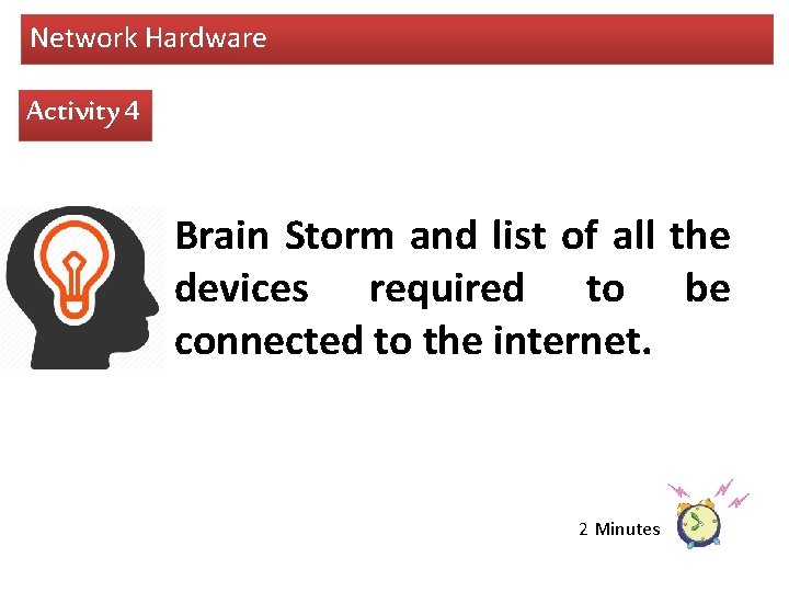 Network Hardware Activity 4 Brain Storm and list of all the devices required to