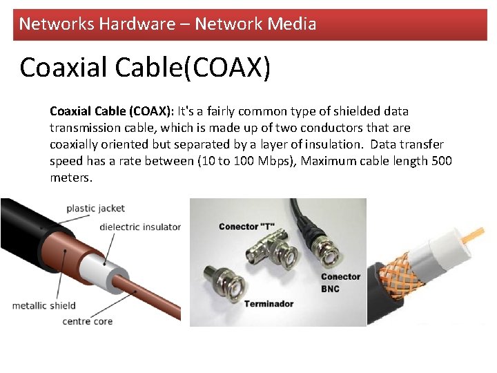 Networks Hardware – Network Media Coaxial Cable(COAX) Coaxial Cable (COAX): It's a fairly common