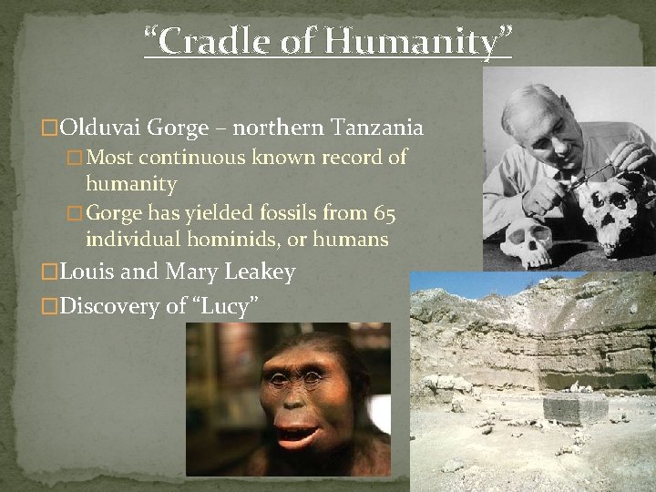 “Cradle of Humanity” �Olduvai Gorge – northern Tanzania � Most continuous known record of