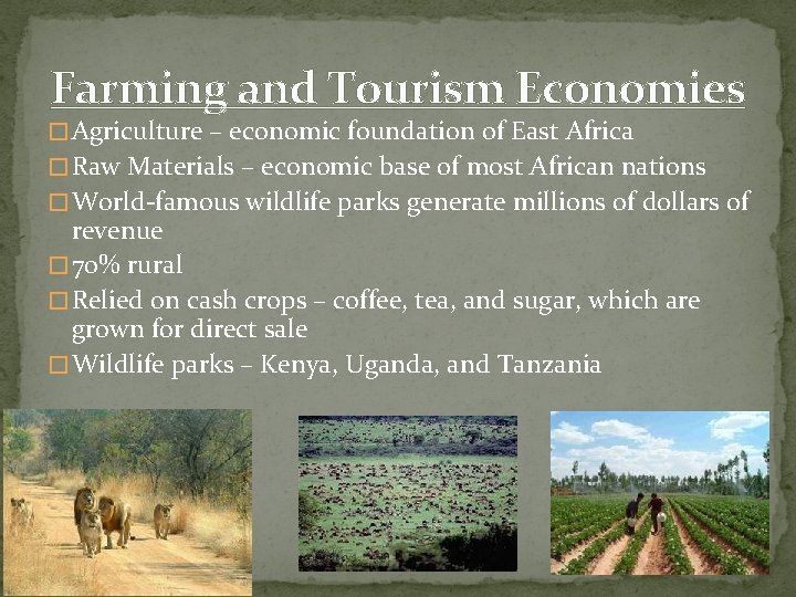 Farming and Tourism Economies � Agriculture – economic foundation of East Africa � Raw