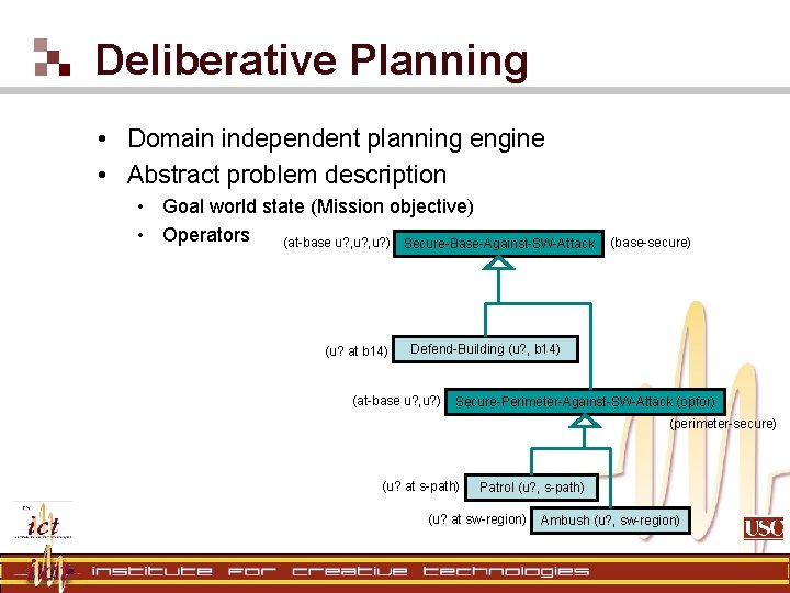Deliberative Planning • Domain independent planning engine • Abstract problem description • Goal world Deliberative Planning • Domain independent planning engine • Abstract problem description • Goal world