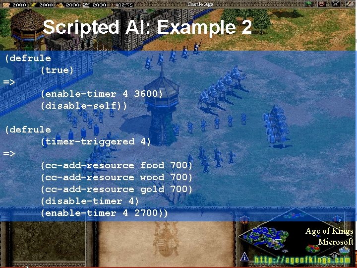 Scripted AI: Example 2 (defrule (true) => (enable-timer 4 3600) (disable-self)) (defrule (timer-triggered 4) Scripted AI: Example 2 (defrule (true) => (enable-timer 4 3600) (disable-self)) (defrule (timer-triggered 4)