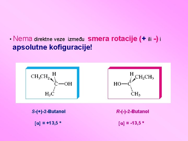  • Nema direktne veze između smera rotacije (+ ili -) i apsolutne kofiguracije!