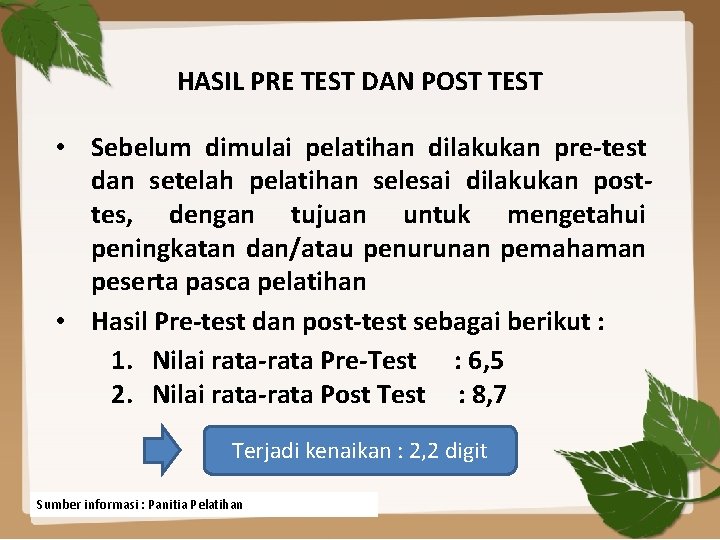 HASIL PRE TEST DAN POST TEST • Sebelum dimulai pelatihan dilakukan pre-test dan setelah