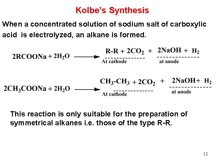 Kolbe’s Synthesis When a concentrated solution of sodium salt of carboxylic acid is electrolyzed,