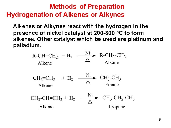 Methods of Preparation Hydrogenation of Alkenes or Alkynes react with the hydrogen in the