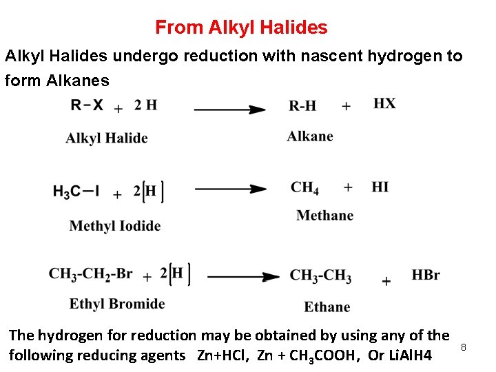 From Alkyl Halides undergo reduction with nascent hydrogen to form Alkanes The hydrogen for