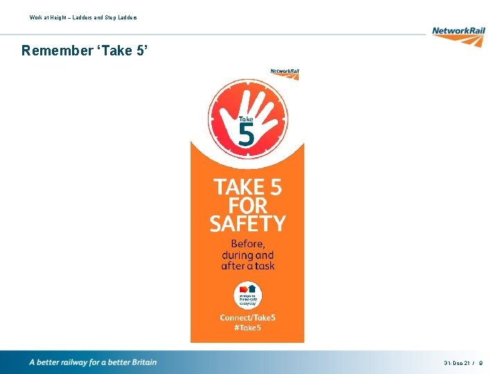 Work at Height – Ladders and Step Ladders Remember ‘Take 5’ 31 -Dec-21 /