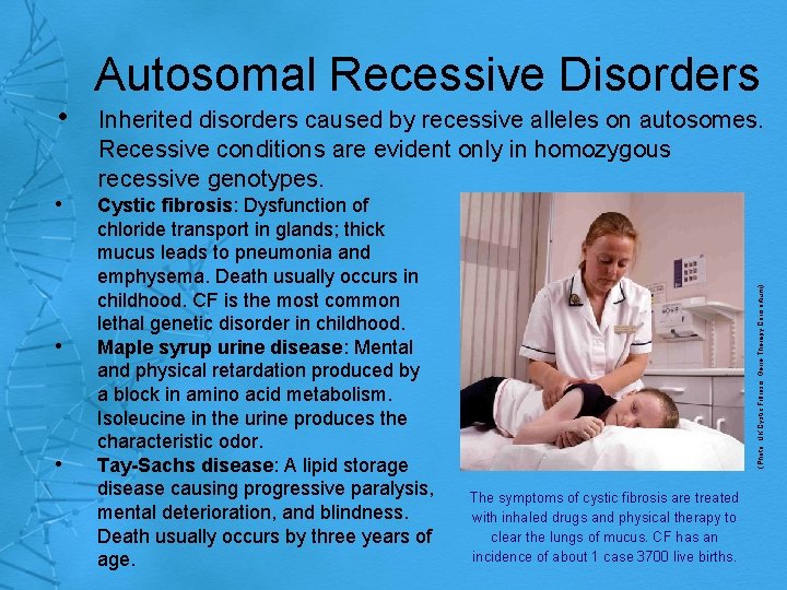  • • • Inherited disorders caused by recessive alleles on autosomes. Recessive conditions