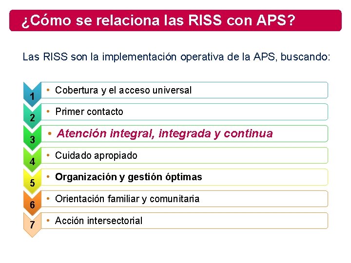 ¿Cómo se relaciona las RISS con APS? Las RISS son la implementación operativa de