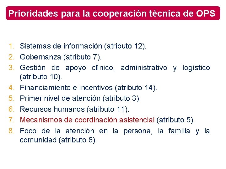 Prioridades para la cooperación técnica de OPS 1. Sistemas de información (atributo 12). 2.