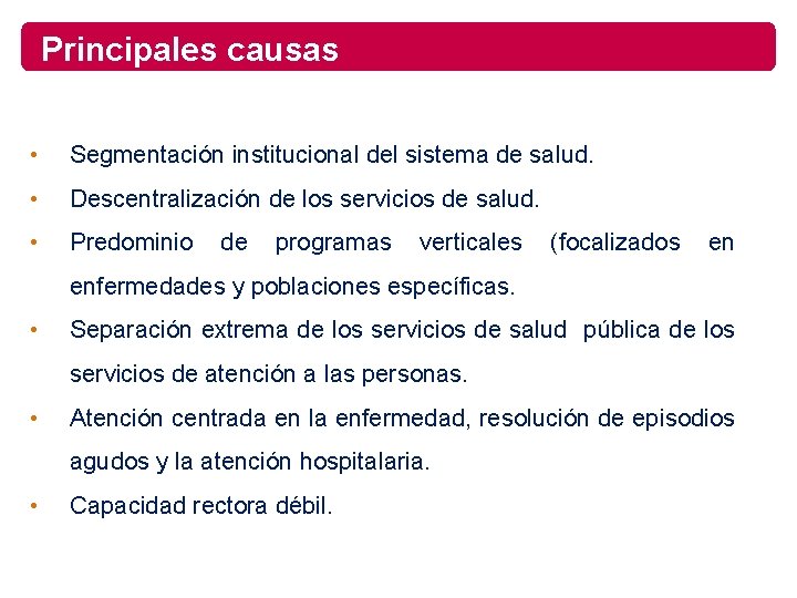 Principales causas • Segmentación institucional del sistema de salud. • Descentralización de los servicios