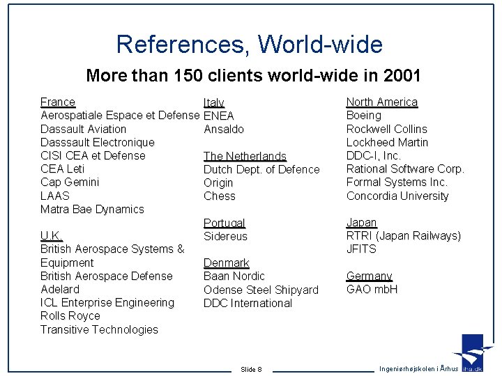 References, World-wide More than 150 clients world-wide in 2001 France Aerospatiale Espace et Defense References, World-wide More than 150 clients world-wide in 2001 France Aerospatiale Espace et Defense