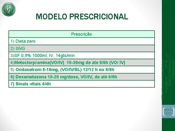 MODELO PRESCRICIONAL Prescrição 1) Dieta zero 3)SF 0, 9% 1000 ml, IV, 14 gts/min