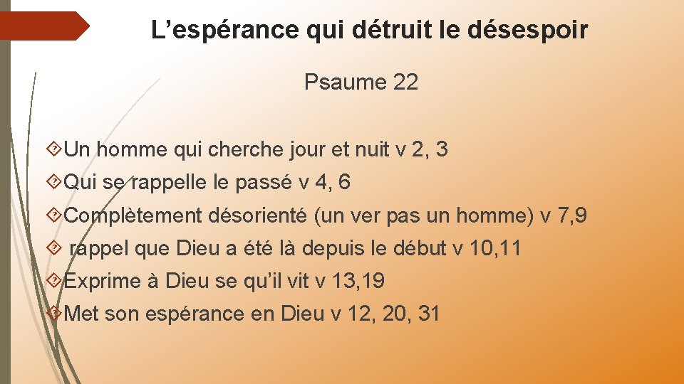 L’espérance qui détruit le désespoir Psaume 22 Un homme qui cherche jour et nuit