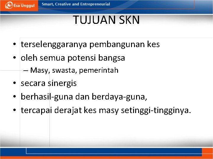 TUJUAN SKN • terselenggaranya pembangunan kes • oleh semua potensi bangsa – Masy, swasta,