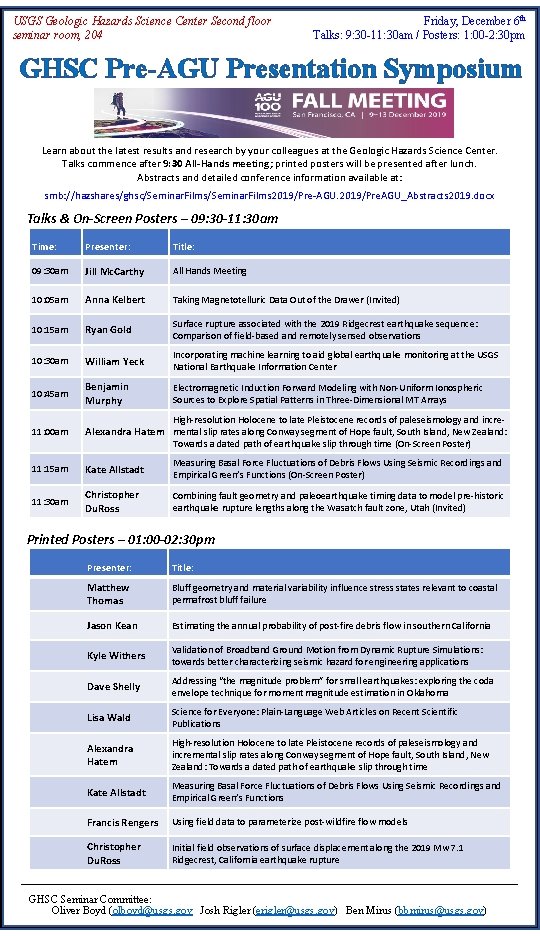 USGS Geologic Hazards Science Center Second floor seminar room, 204 Friday, December 6 th