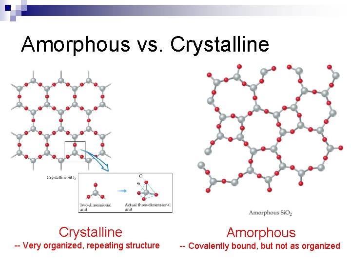 Amorphous vs. Crystalline -- Very organized, repeating structure Amorphous -- Covalently bound, but not