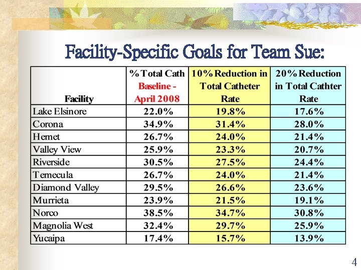 Facility-Specific Goals for Team Sue: 4 