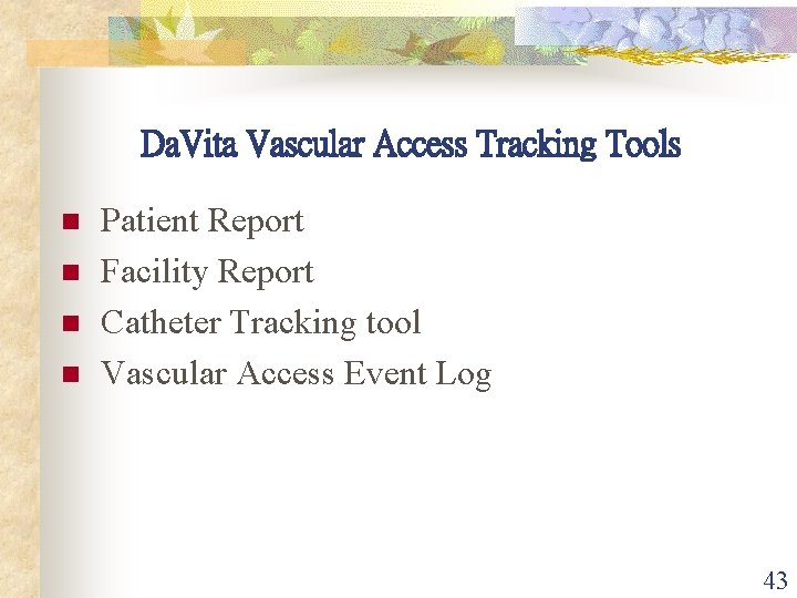 Da. Vita Vascular Access Tracking Tools n n Patient Report Facility Report Catheter Tracking