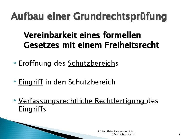 Aufbau einer Grundrechtsprüfung Vereinbarkeit eines formellen Gesetzes mit einem Freiheitsrecht Eröffnung des Schutzbereichs Eingriff