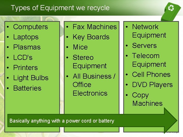 Types of Equipment we recycle • • Computers Laptops Plasmas LCD's Printers Light Bulbs Types of Equipment we recycle • • Computers Laptops Plasmas LCD's Printers Light Bulbs