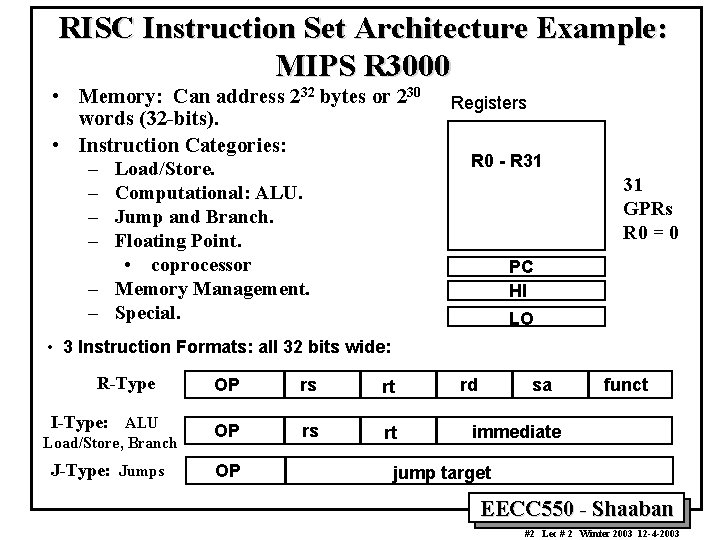 RISC Instruction Set Architecture Example: MIPS R 3000 • Memory: Can address 232 bytes