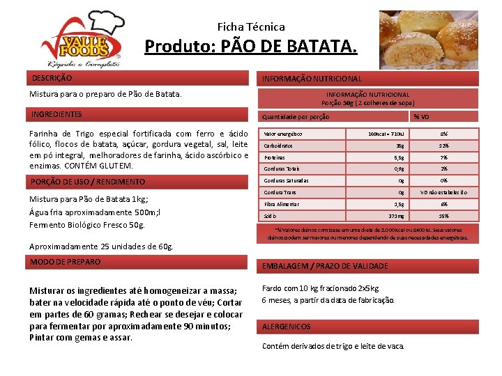 Ficha Técnica Produto: PÃO DE BATATA. DESCRIÇÃO INFORMAÇÃO NUTRICIONAL Mistura para o preparo de