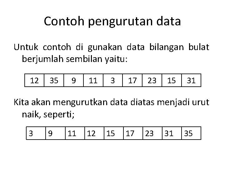 Contoh pengurutan data Untuk contoh di gunakan data bilangan bulat berjumlah sembilan yaitu: 12