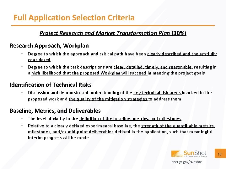 Full Application Selection Criteria Project Research and Market Transformation Plan (30%) Research Approach, Workplan